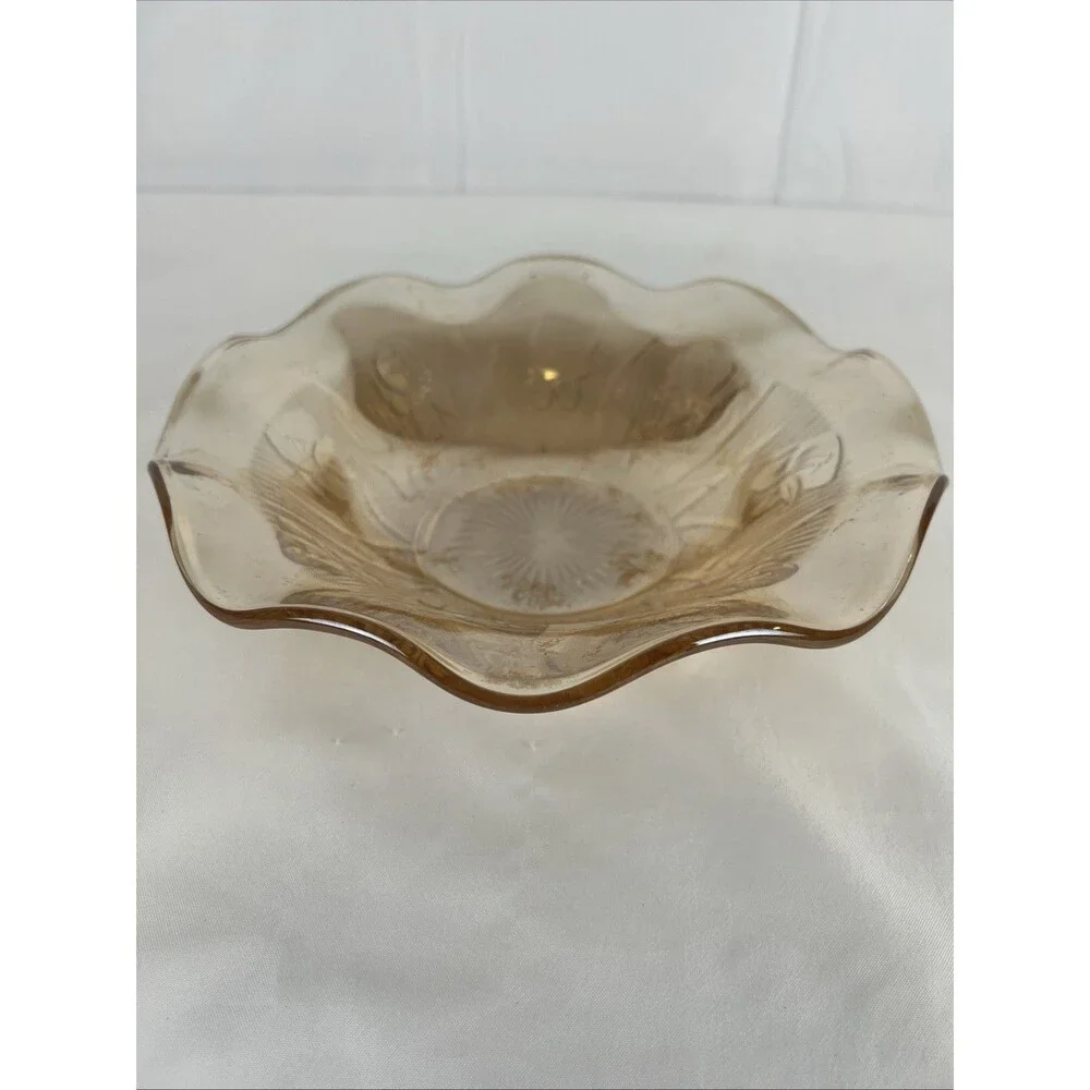 Vintage Amber Carnival Glass Ruffled Dish Bowl Floral Pattern Scalloped Edge
